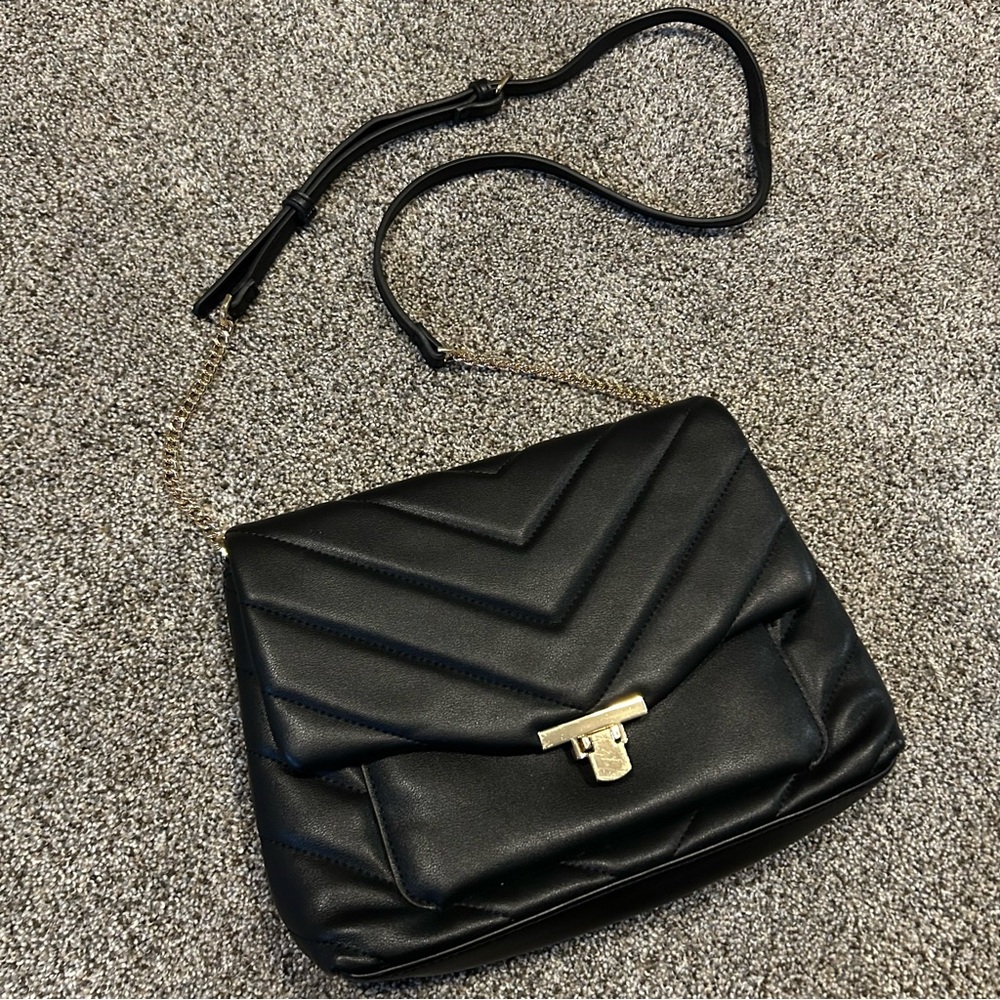 A New Day Black Quilted Faux Leather Purse with Gold Hardware